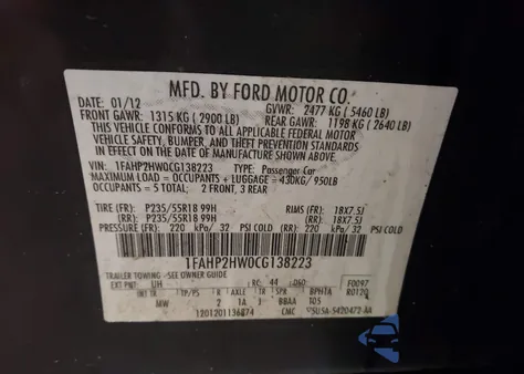 2012 Ford Taurus Sel from USA, damaged, VIN 1FAHP2HW0CG138223